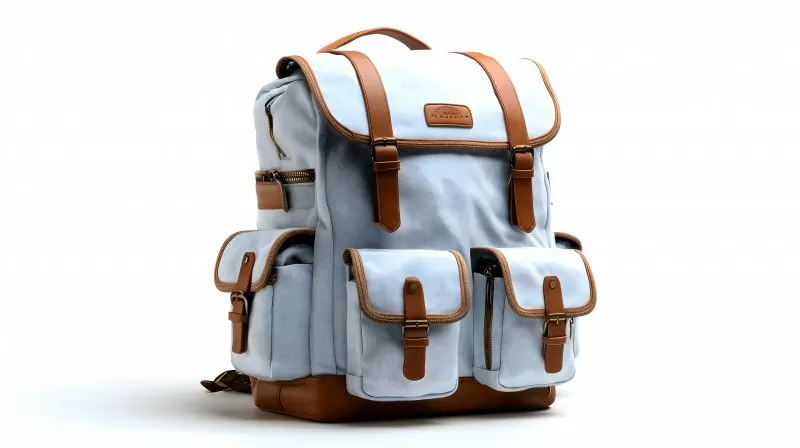 Hellblauer Rucksack mit braunen Lederdetails auf weißem Hintergrund