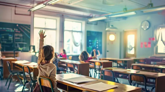 Helle, freundliche Klassenzimmerszene mit aufmerksamen Schülern