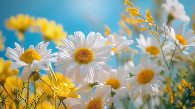 Helle Gänseblümchen und gelbe Ringelblumen im Sonnenschein