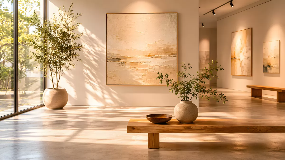 Helle Galerie mit Kunstwerken und Holzbank im Sonnenlicht