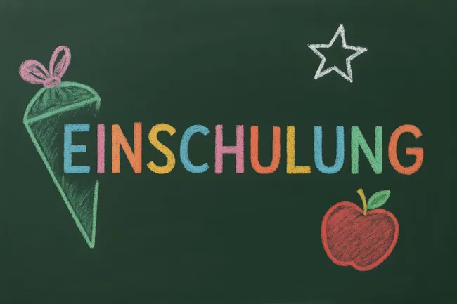 Helle Kreidetafel mit Schulutensilien und Apfel