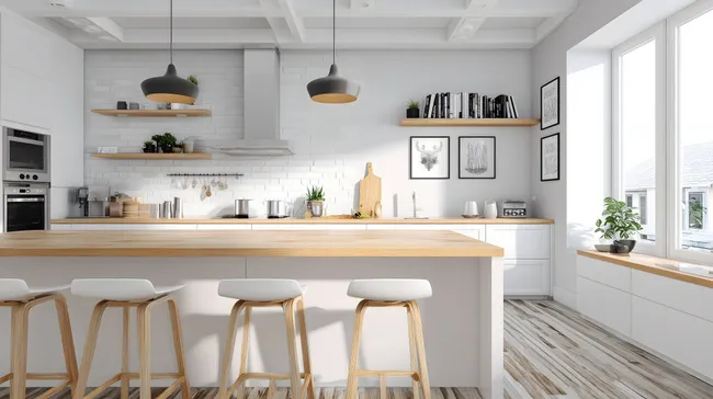 Helle, moderne Küche mit hochwertiger Holzarbeitsplatte