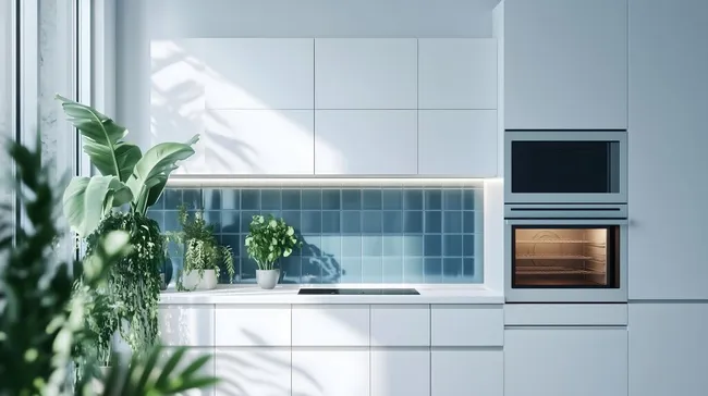 Helle, moderne Küche mit Pflanzen und blauem Fliesenspiegel