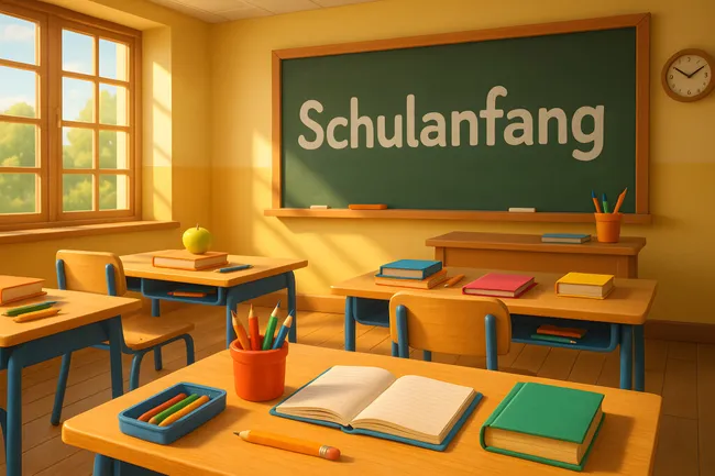 Helle Schulklasse mit geöffneten Büchern und Unterrichtsmaterial