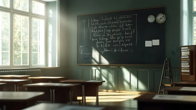 Helle Universitätsklasse mit Kreide an der Tafel