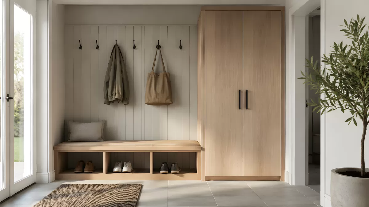 Heller Eingangsbereich mit Holzschrank und Sitzbank
