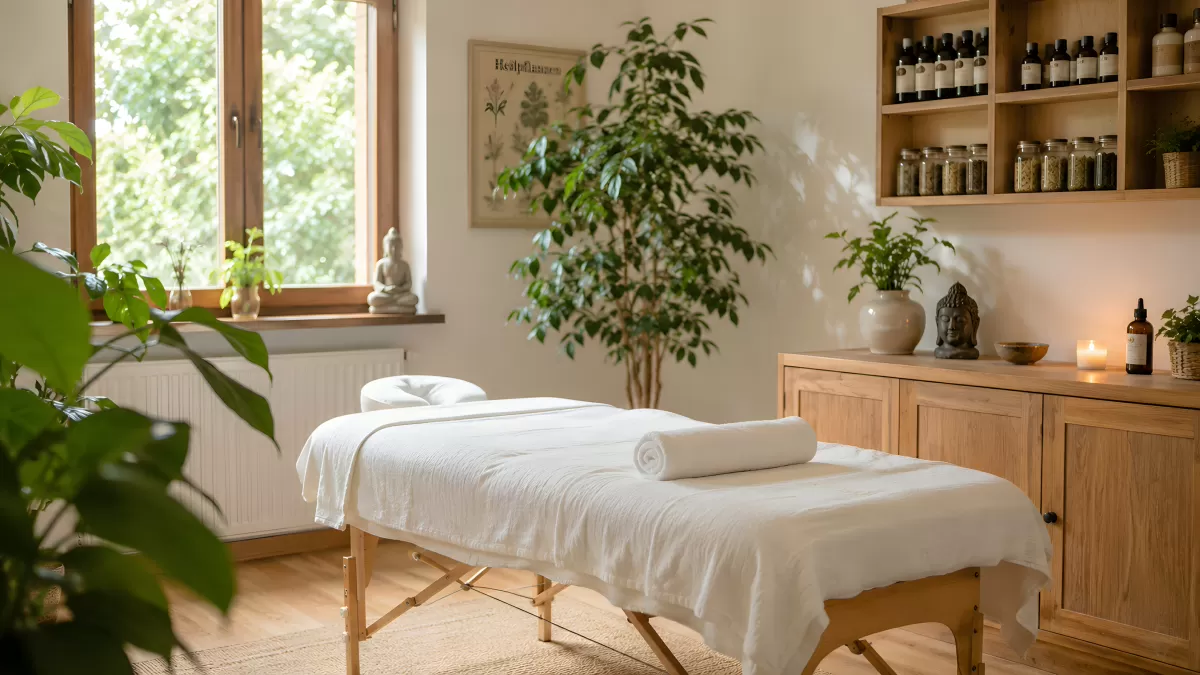 Helles Behandlungszimmer mit Massageliege und Pflanzen