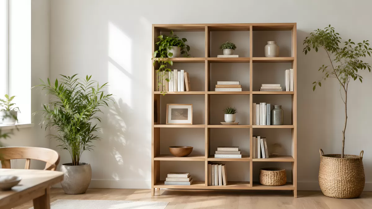 Helles Holzregal mit Büchern und Zimmerpflanzen