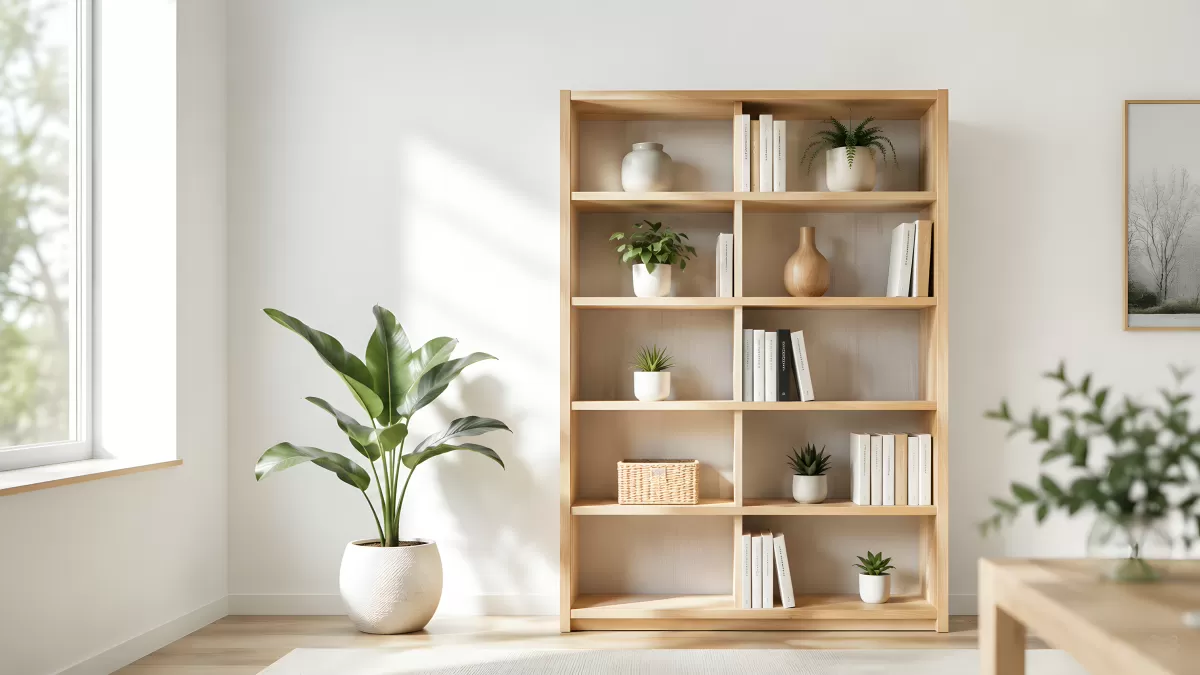Helles Holzregal mit Pflanzen und Büchern im Wohnzimmer