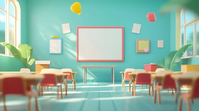 Helles Klassenzimmer mit buntem Mobiliar