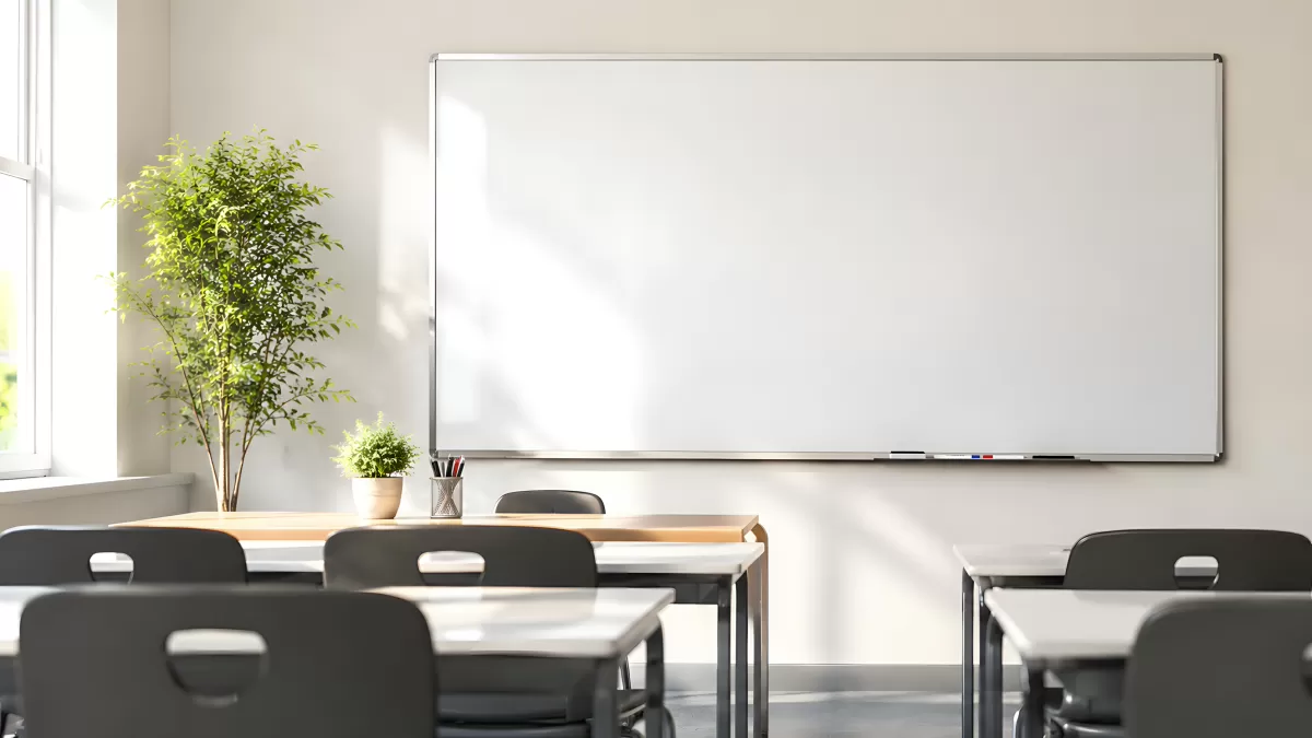 Helles leeres Klassenzimmer mit Whiteboard und Pflanzen