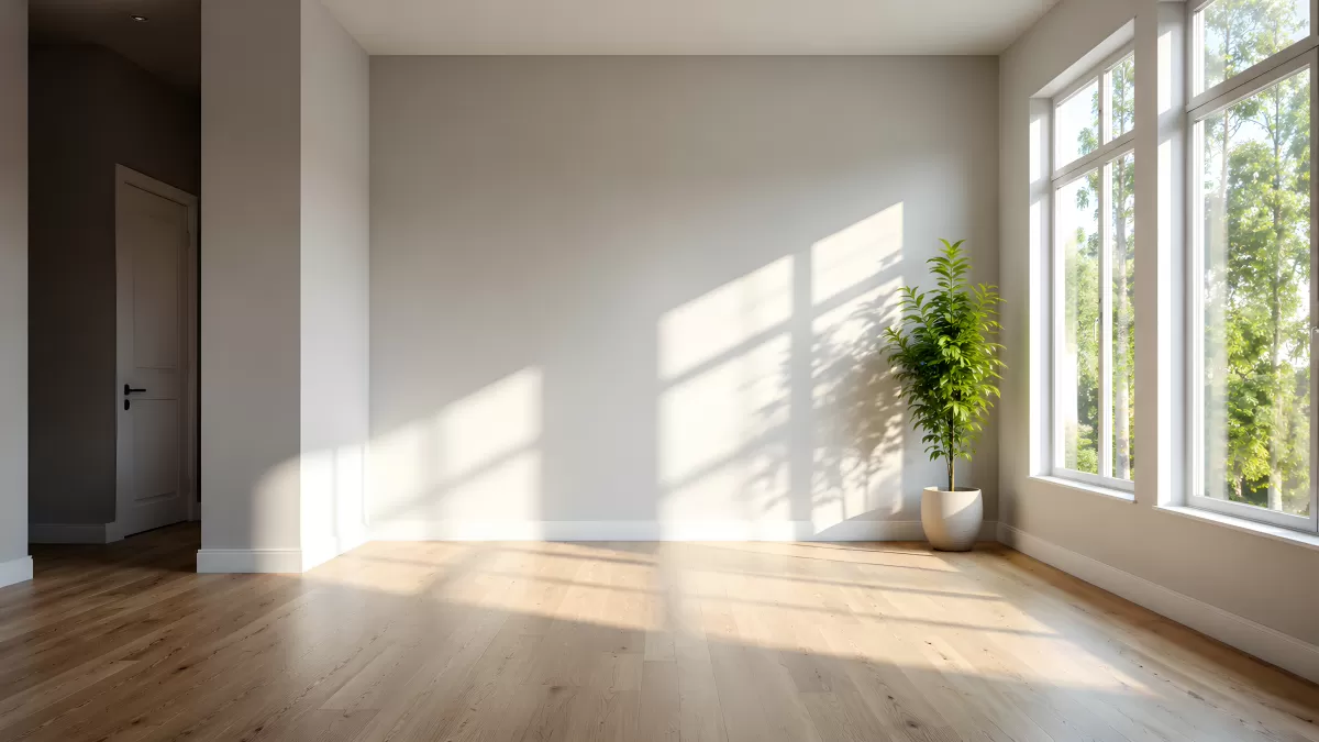 Helles leeres Zimmer mit Holzboden und Zimmerpflanze