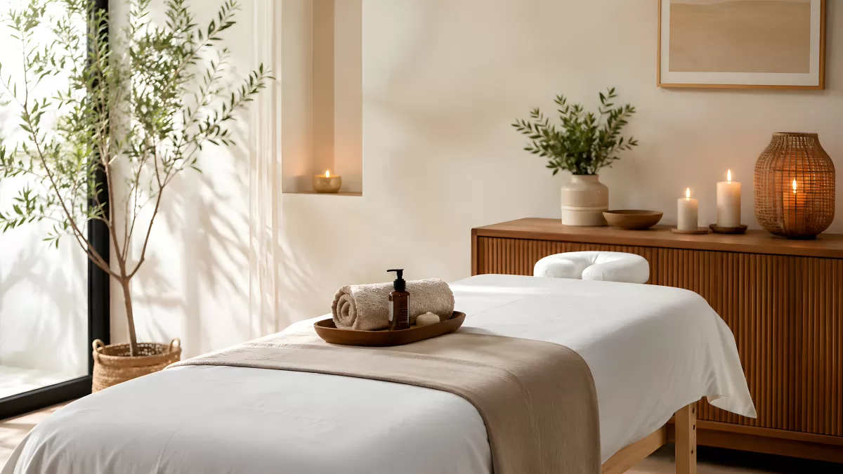 Helles Massagezimmer mit Kerzen und Behandlungsliege