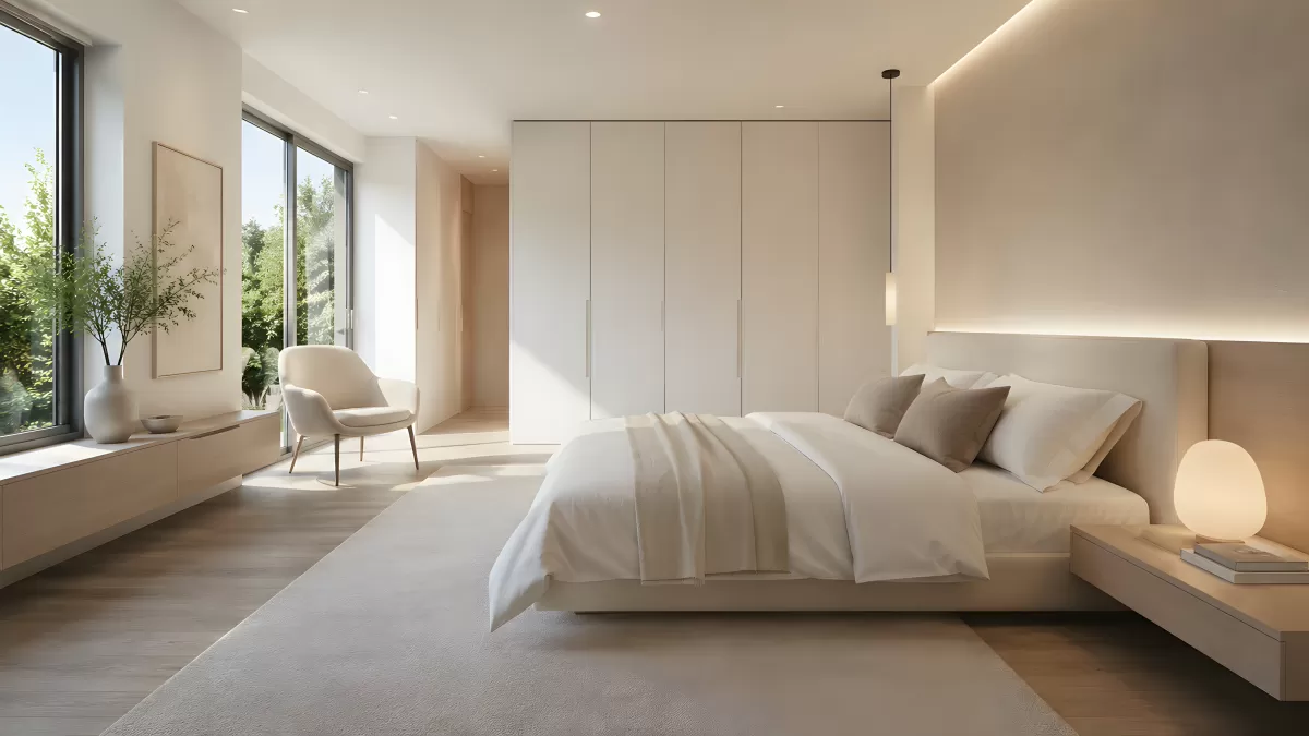 Helles minimalistisches Schlafzimmer in Cremetönen