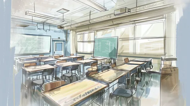 Helles, modernes Klassenzimmer mit großen Fenstern