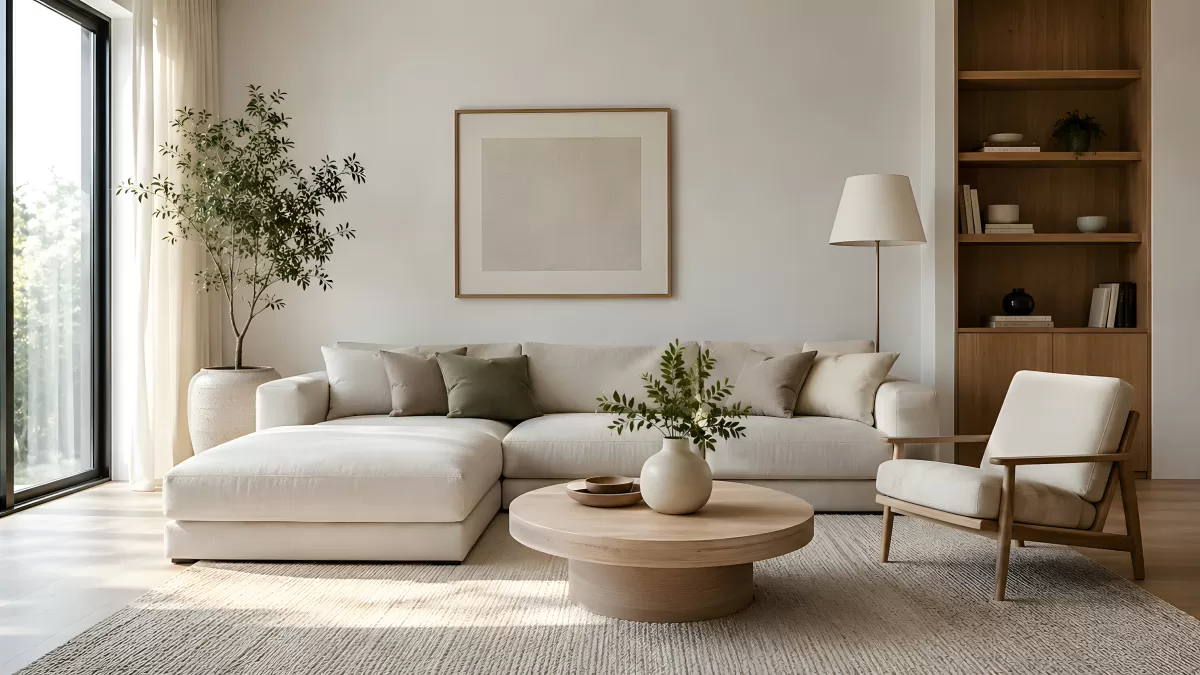 Helles Wohnzimmer im minimalistischen Scandi-Stil