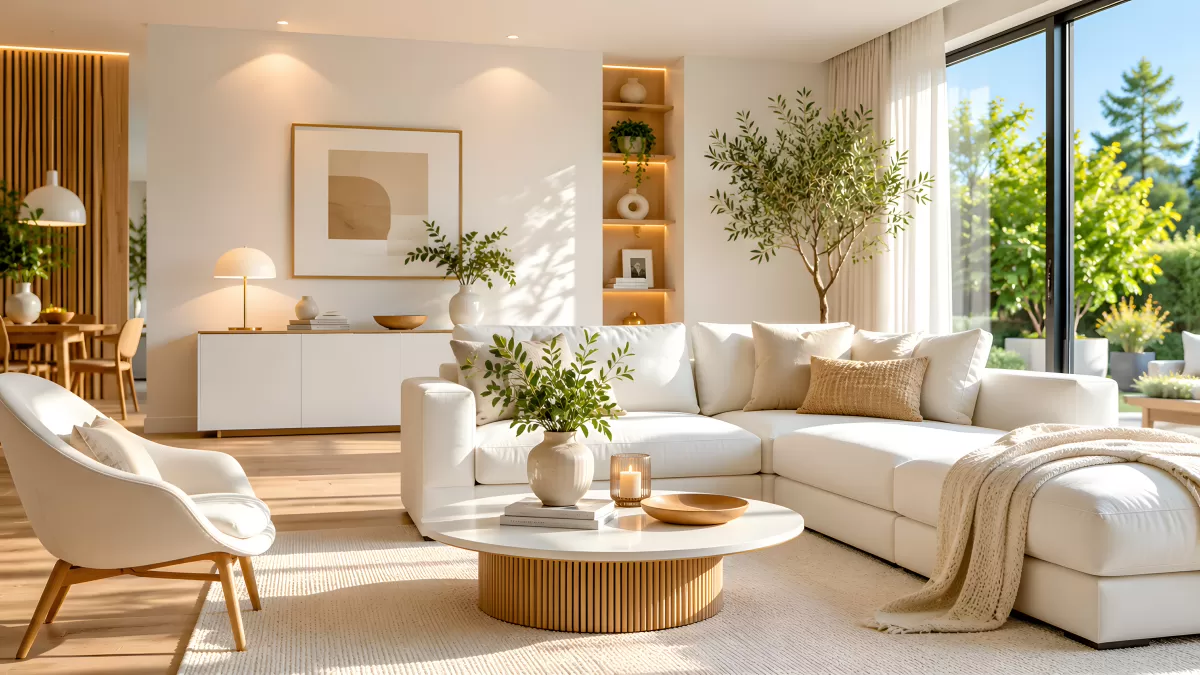 Helles Wohnzimmer im skandinavischen Stil mit Olivenbaum