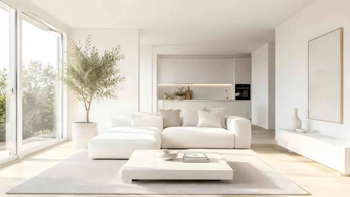 Helles Wohnzimmer in Weiß mit Olivenbaum und Sofa