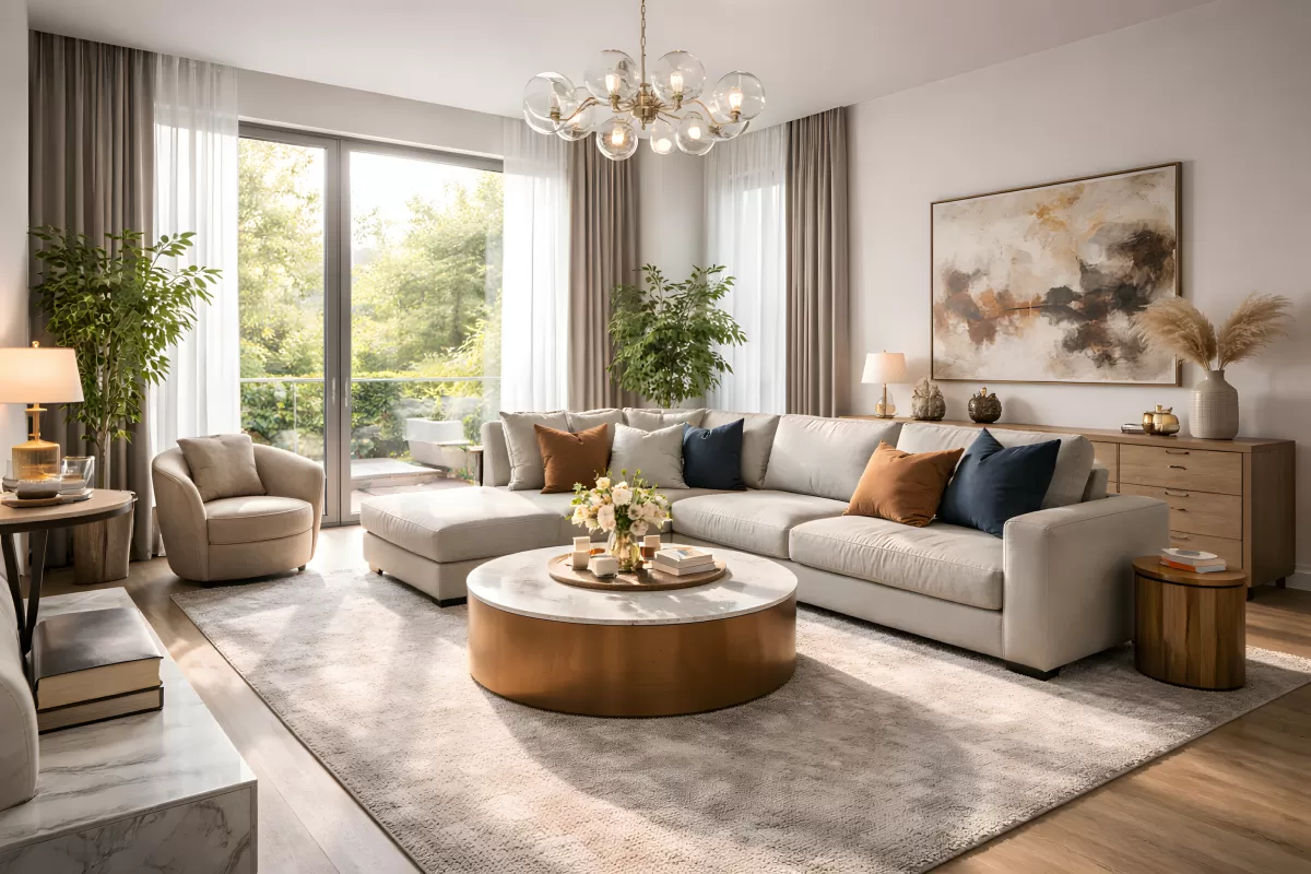 Helles Wohnzimmer mit Ecksofa und Marmor-Couchtisch