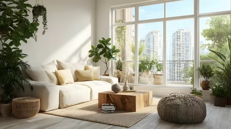 Helles Wohnzimmer mit Pflanzen und natürlichem Licht