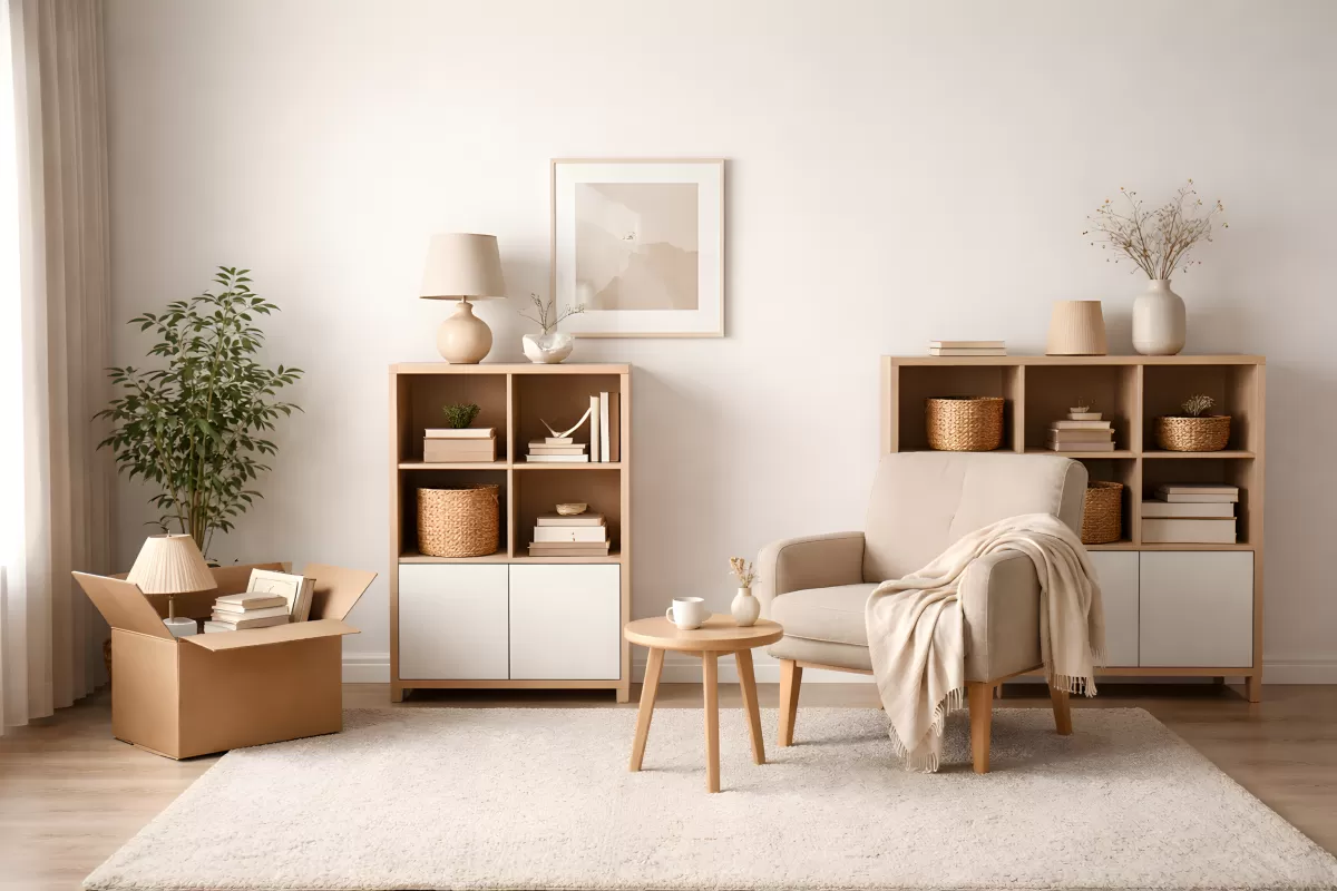 Helles Wohnzimmer mit Regalen und Sessel in Beige