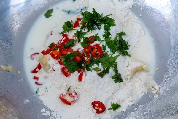 Hello Fresh Banana-Pancake Batter in Bowl - Bananas, Flour, Baking Soda, Parsley, Chili, Milk