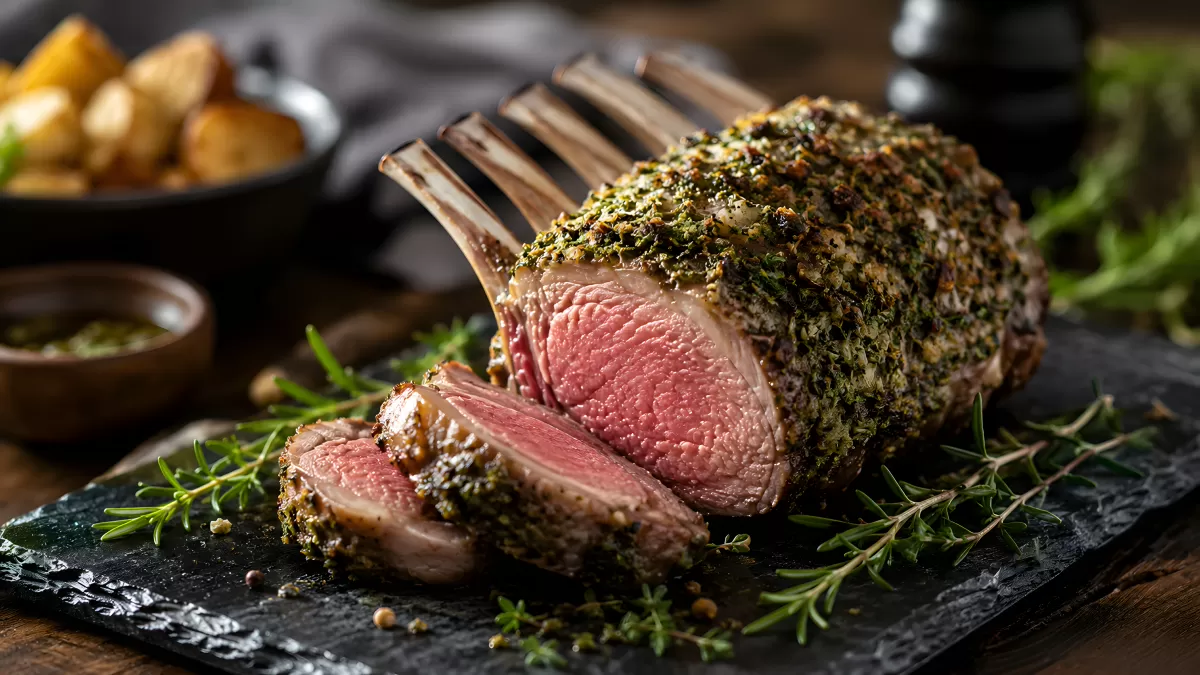 Herb-Kruste Lammkarree auf Schieferplatte angeschnitten