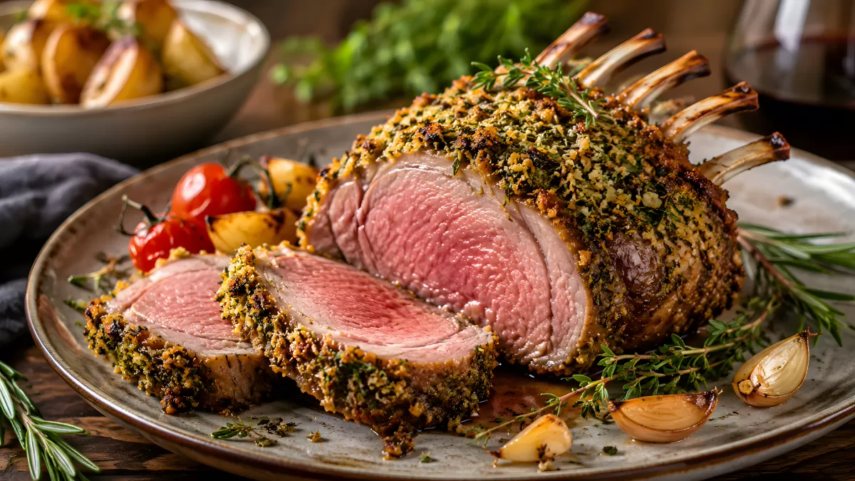 Herb-Lammkarree mit Kräuterkruste auf Teller
