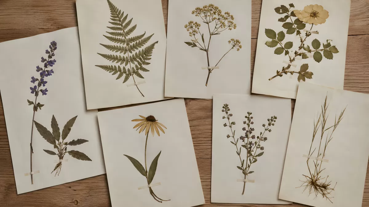 Herbarium mit gepressten Pflanzen auf Holzuntergrund