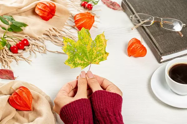 Herbst ist hier: Frau hält ein gelbe Blatt neben einer Tasse heißen Kaffee und einem geschlossenen Buch