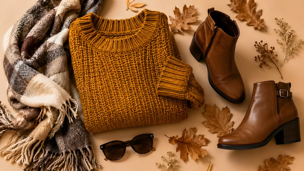 Herbst-Outfit Flatlay mit Strickpullover und Lederstiefeln