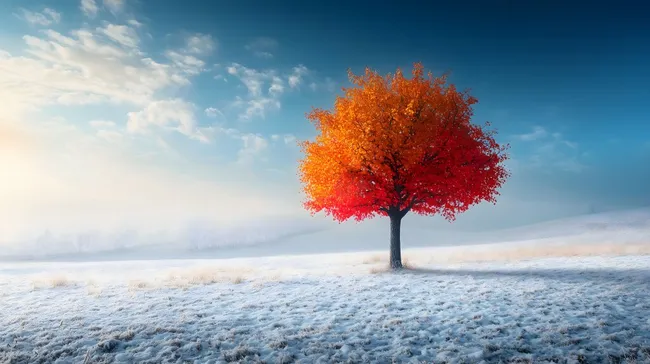 Herbstbaum in verschneiter Winterlandschaft