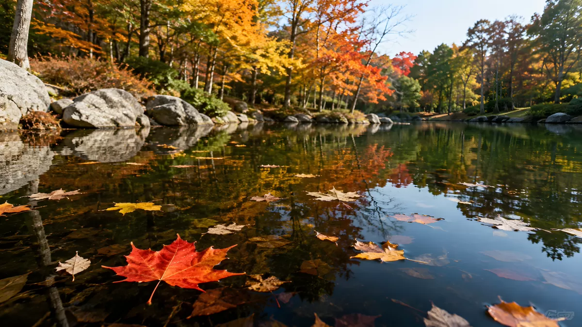 Herbstblätter treiben auf ruhigem Waldsee
