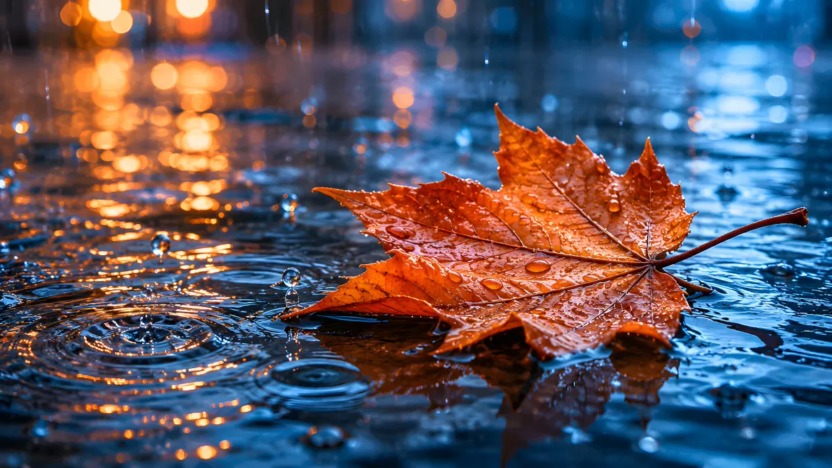 Herbstblatt im Regen auf nasser Straße bei Nacht
