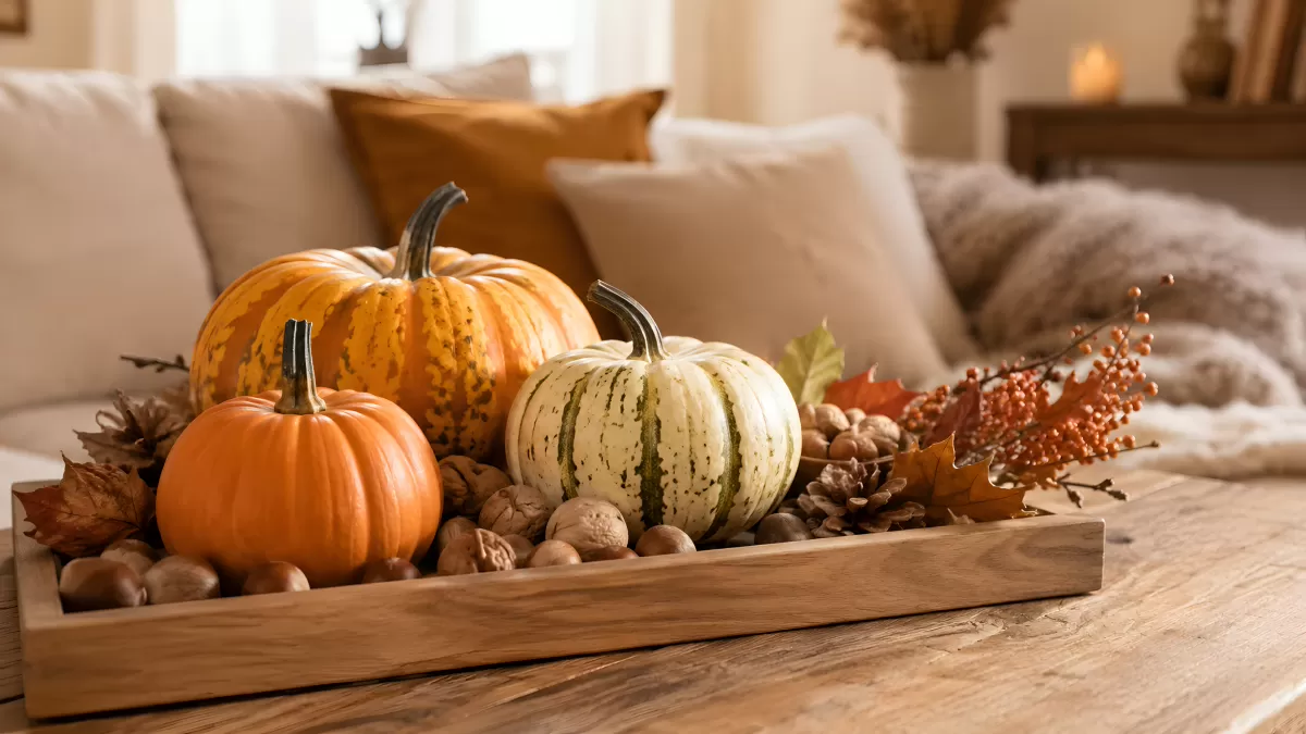 Herbstdeko mit Kürbissen und Nüssen auf Holztablett