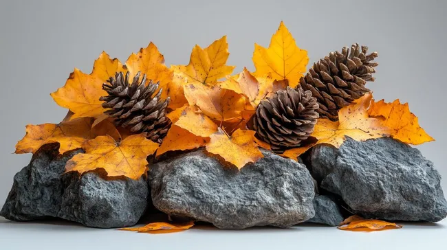Herbstdekoration aus Blättern und Tannenzapfen