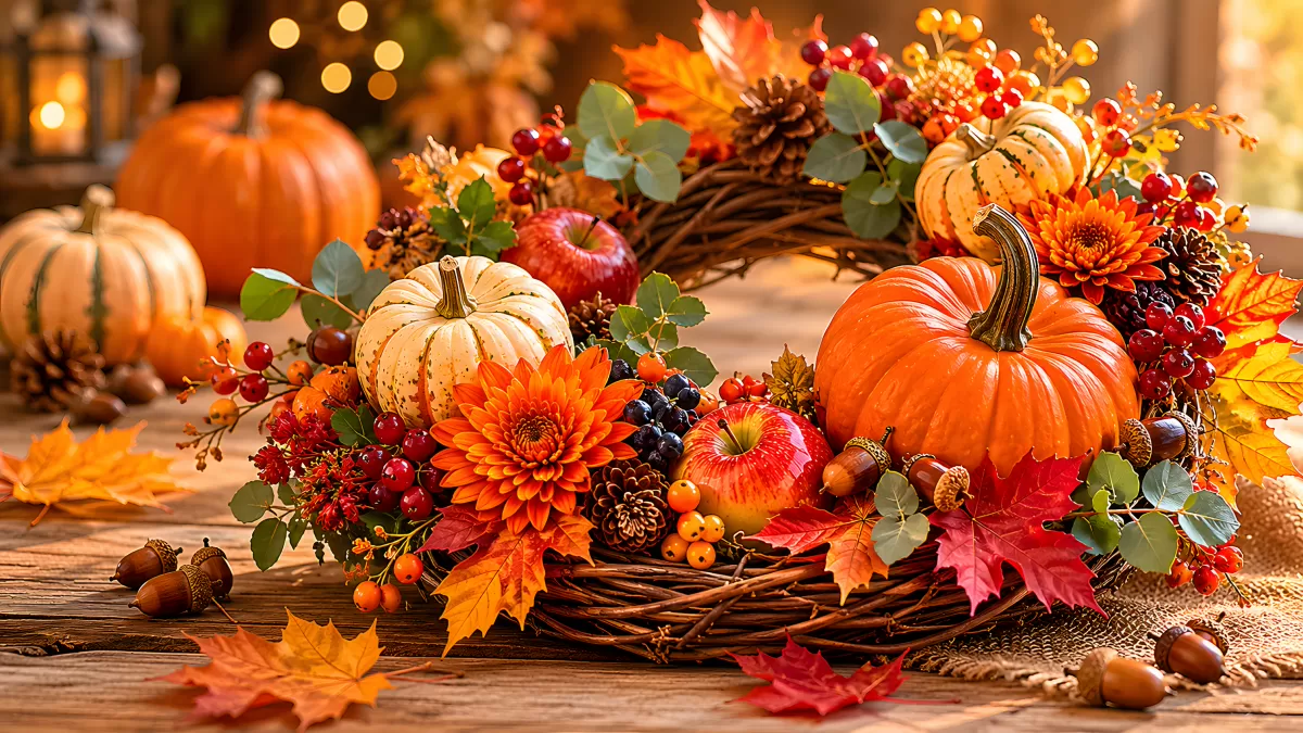Herbstdekoration mit Kürbissen, Äpfeln und Blumen