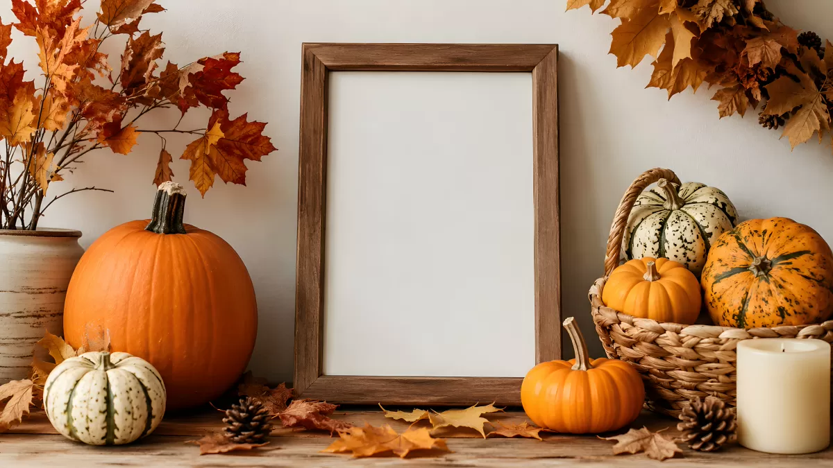 Herbstdekoration mit Kürbissen und leerem Bilderrahmen
