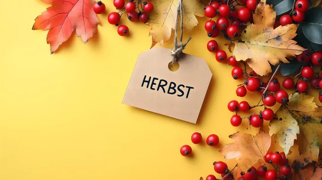 Herbstdekoration mit roten Beeren und bunten Blättern