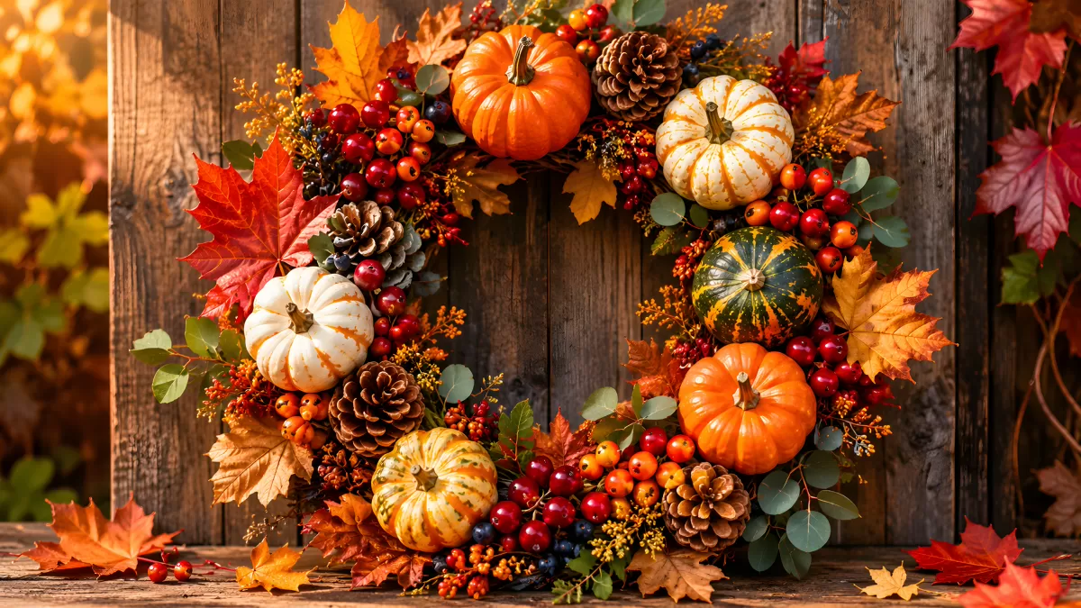 Herbstkranz mit Kürbissen, Beeren und Tannenzapfen