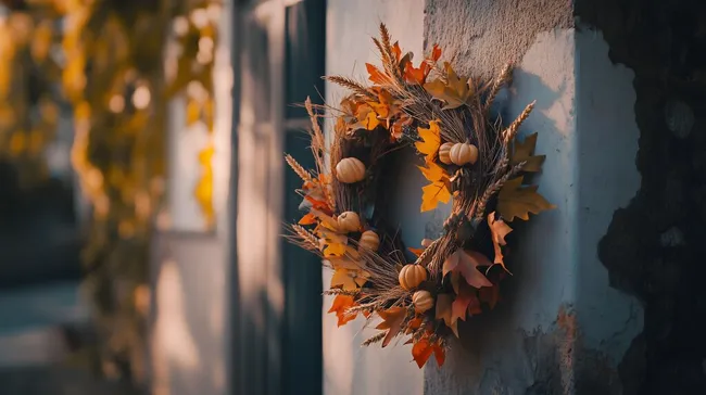 Herbstkranz mit orangefarbenen Blättern und Kürbissen