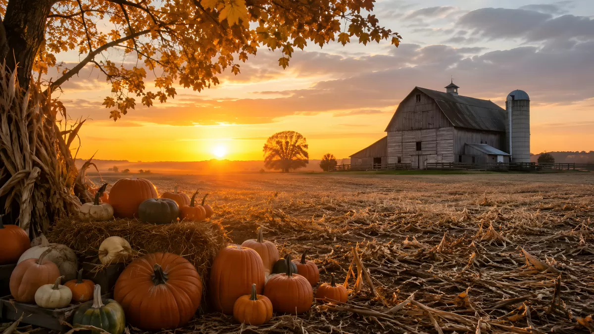 Herbstliche Bauernhof-Idylle mit Kürbissen im Sonnenuntergang