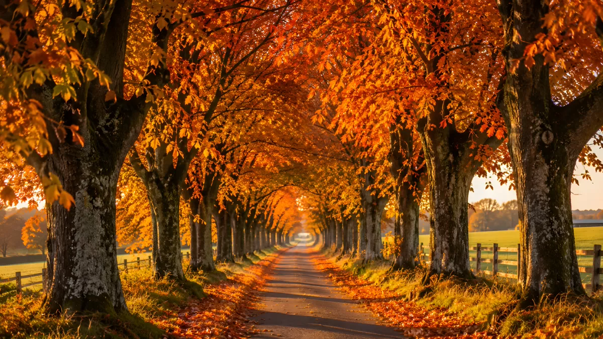 Herbstliche Baumallee mit goldenen Blättern im Abendlicht