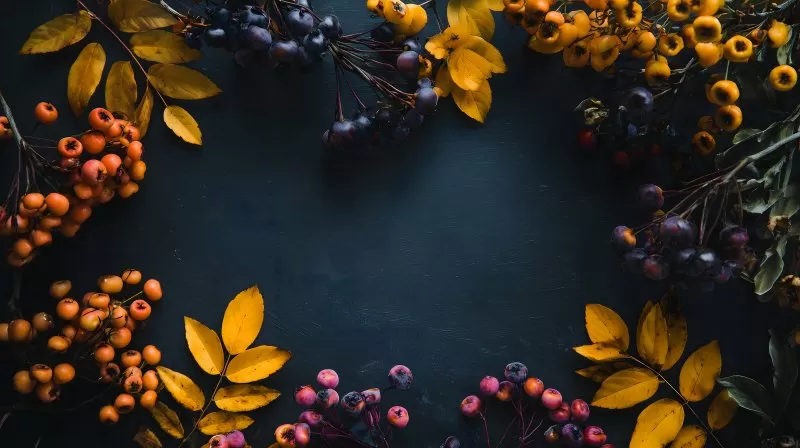 Herbstliche Beeren und Blätter rahmen dunklen Hintergrund