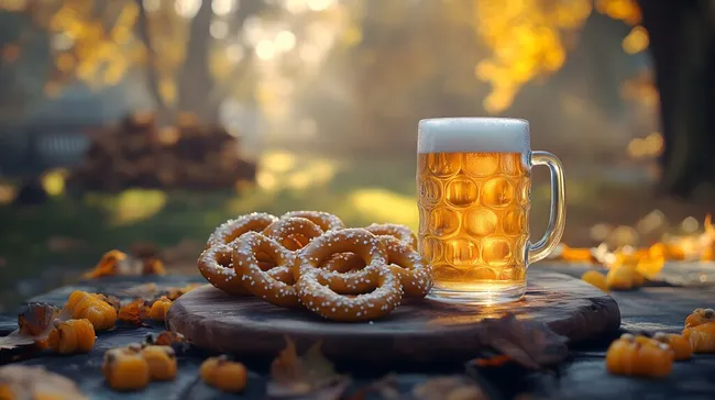 Herbstliche Brezeln und Bier in stimmungsvoller Umgebung