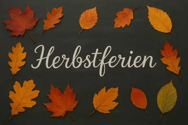 Herbstliche Dekoration mit Blättern auf Kreidetafel