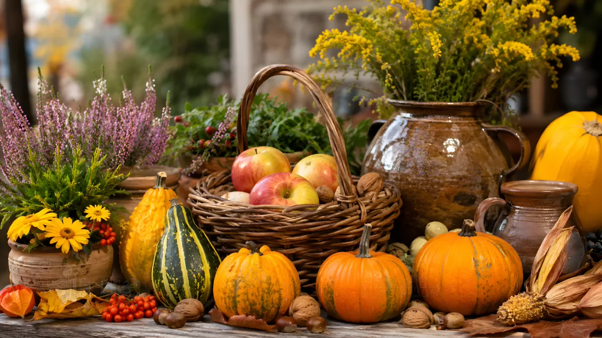 Herbstliche Ernte mit Kürbissen, Äpfeln und Blumen
