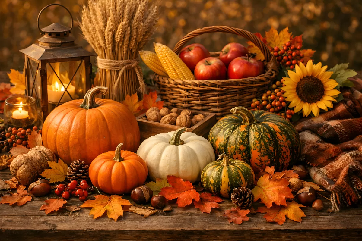 Herbstliche Ernte mit Kürbissen und Äpfeln im Kerzenschein