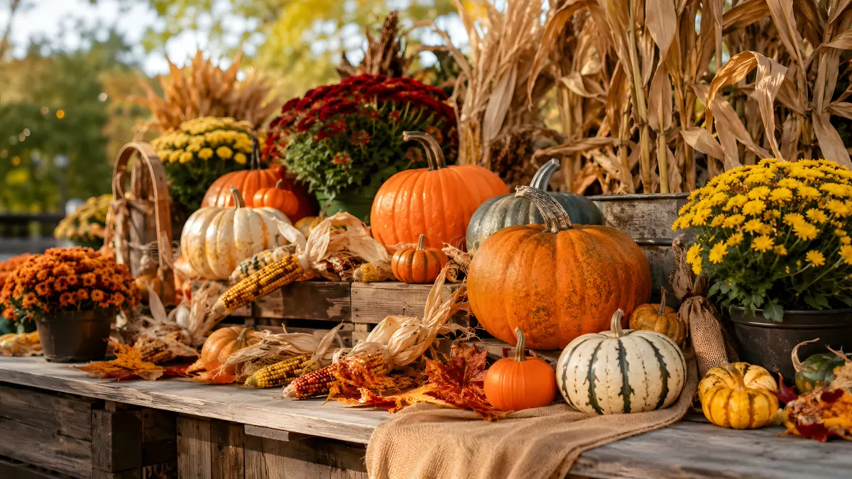 Herbstliche Erntedeko mit Kürbissen und Chrysanthemen