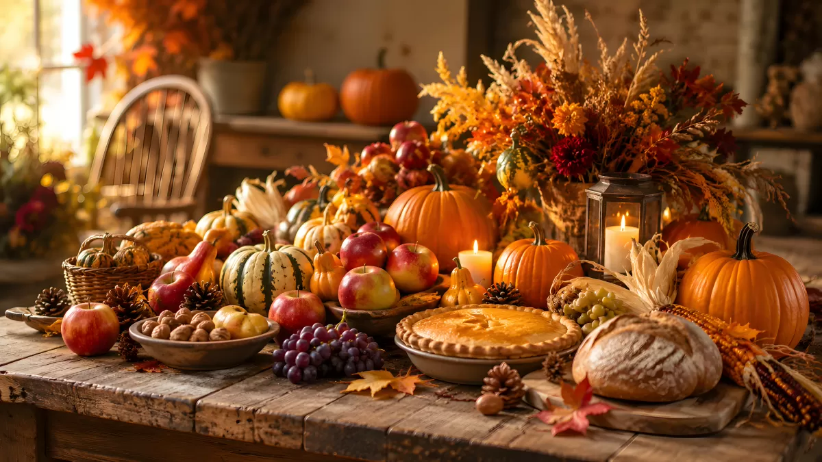 Herbstliche Erntedeko mit Kürbissen und Obsttisch
